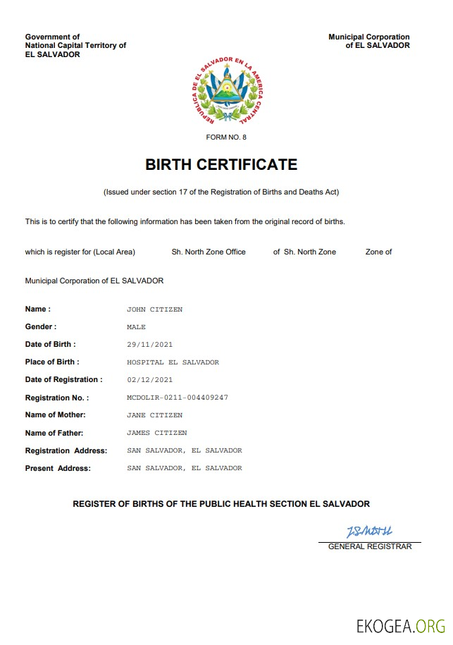 Modèle Word et PDF d'acte de naissance d'acte d'état civil au Salvador